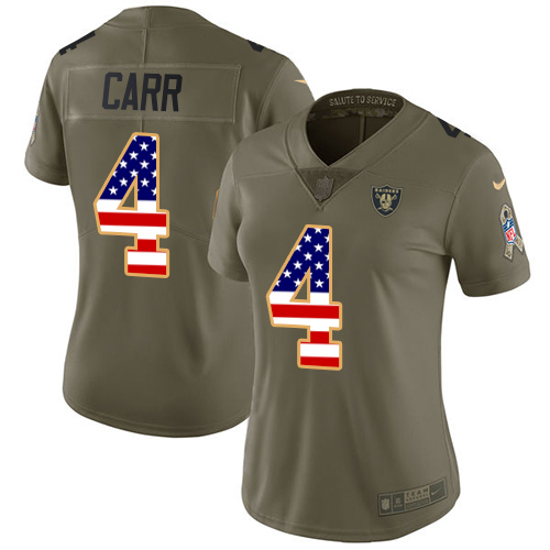 Nike Raiders #4 Derek Carr Olive/USA Flag Women's Stitched NFL Limited Salute to Service Jersey